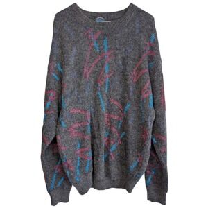 Vintage Jantzen Men's Large Oversized Gray‎ Pink Blue Knit Sweater